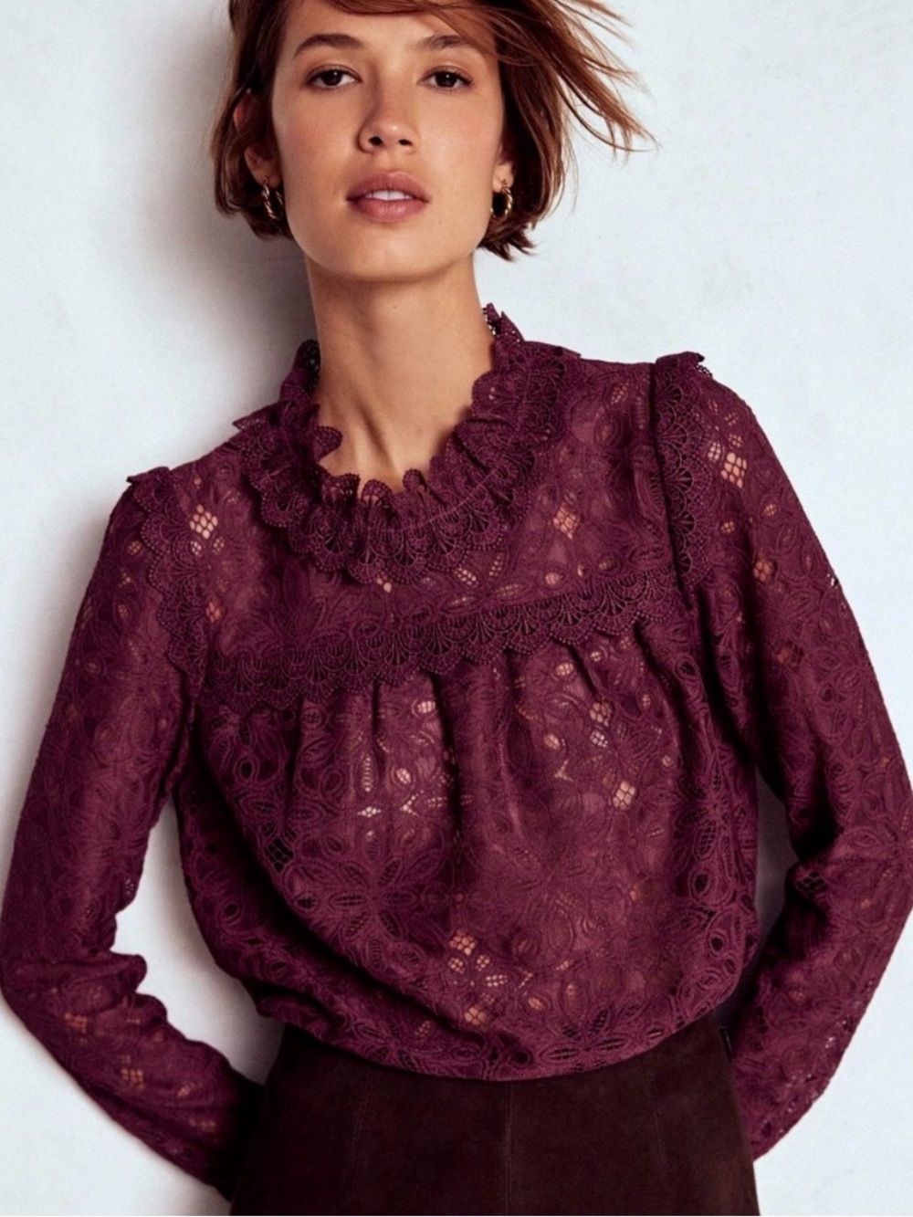 Boden Plum Lace Ruffle-Neck Blouse